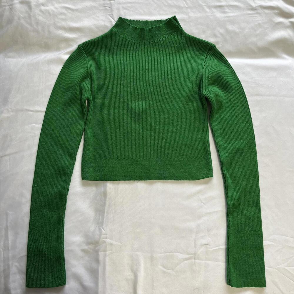 Cropped Green Ribbed Cowl Neck Sweater